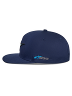 Alpinestars Thickness Snapback Hat, Navy Blue, side profile view, flat bill with structured crown, embroidered Astars side logo in light blue and grey, casual motorsport streetwear