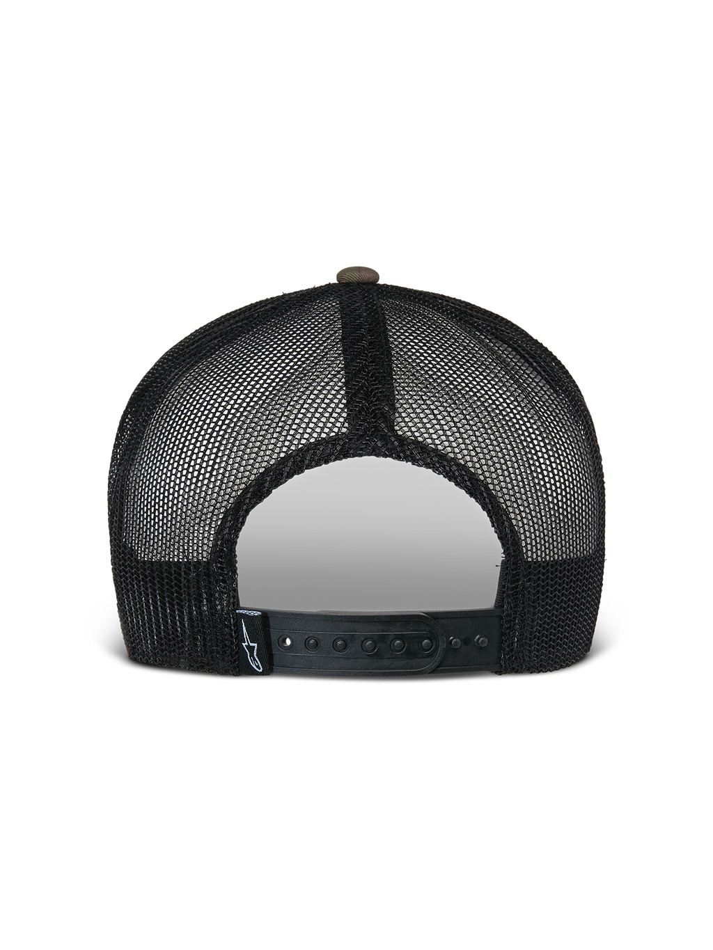 Alpinestars Flag Flat Trucker Pet, Green Camo en zwart, achteraanzicht met ademende zwarte mesh-panelen en een verstelbare snapback-sluiting met een klein logo-label, casual motorsport-geïnspireerde hoofdbedekking