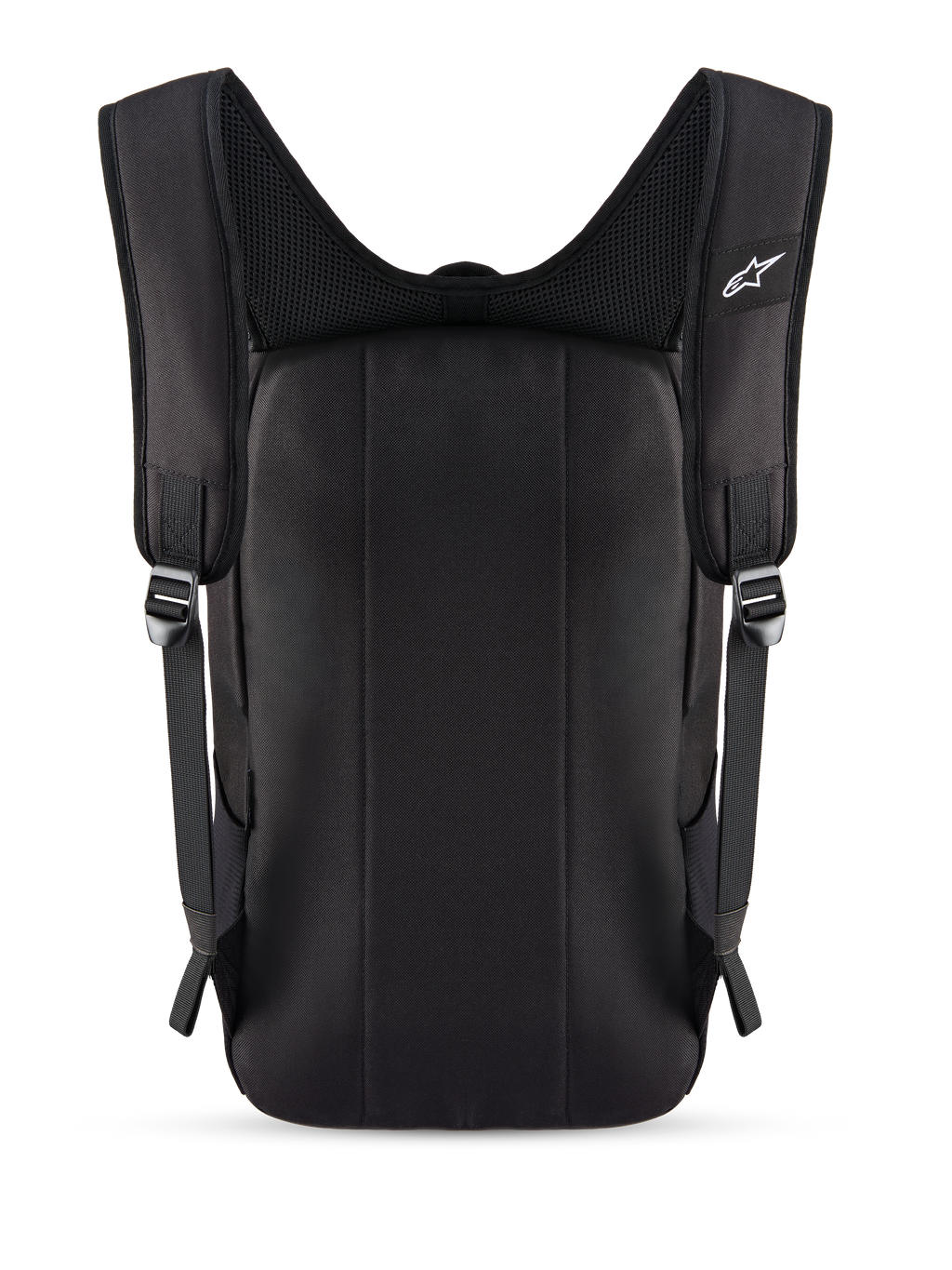 Alpinestars Defcon V3 Backpack, Black, rear view showing padded back panel and breathable air mesh shoulder straps, small white Alpinestars logo on the strap, durable 600D polyester construction for daily use.
