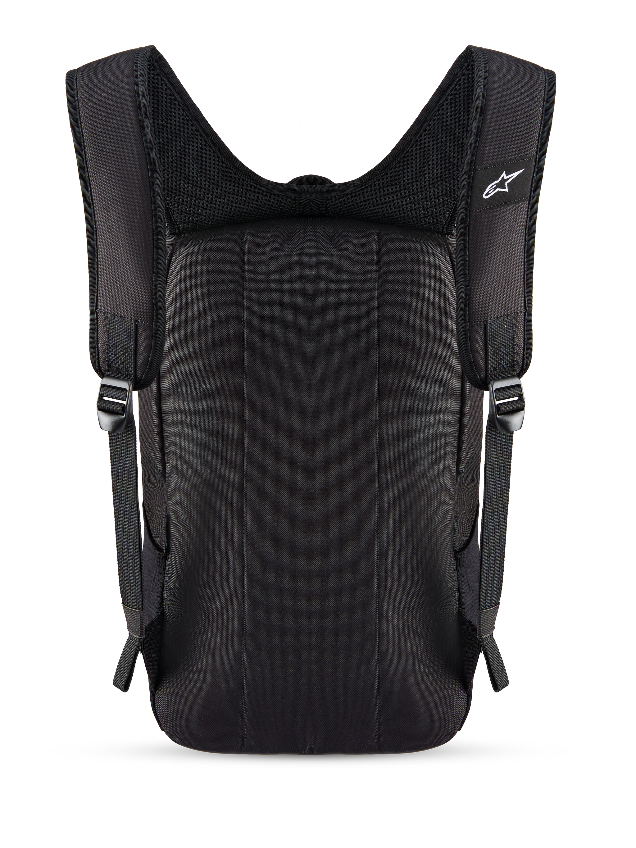 Alpinestars Defcon V3 Backpack, Black, rear view showing padded back panel and breathable air mesh shoulder straps, small white Alpinestars logo on the strap, durable 600D polyester construction for daily use.