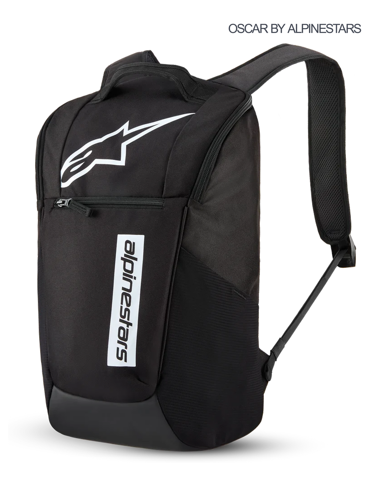 Alpinestars Defcon V3 rugzak, 13,6L dagelijkse sportswear rugzak in zwart en wit, voorzien van bedrukt Astars-logo en merknaam, voorvak met ritssluiting en gewatteerde schouderbanden.