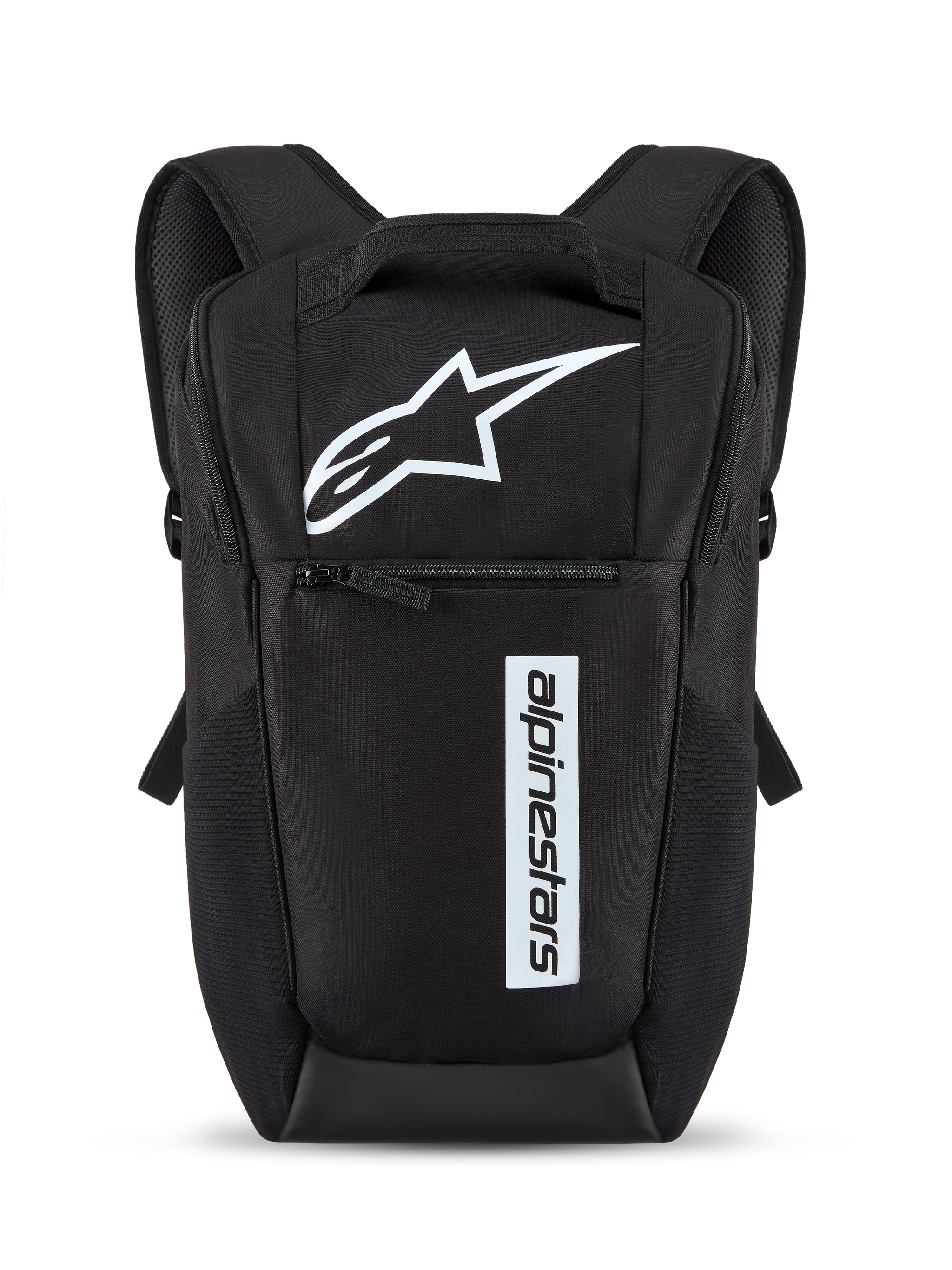 Alpinestars Defcon V3 Backpack, Black and White, small daily backpack featuring white star logo and vertical wordmark branding, front zipper pocket, padded shoulder straps, durable 600D polyester material