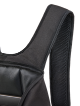 Alpinestars Defcon V3 Backpack, close-up of the padded air mesh shoulder strap and open main compartment, black 600D polyester, showing internal laptop sleeve and durable textile construction.