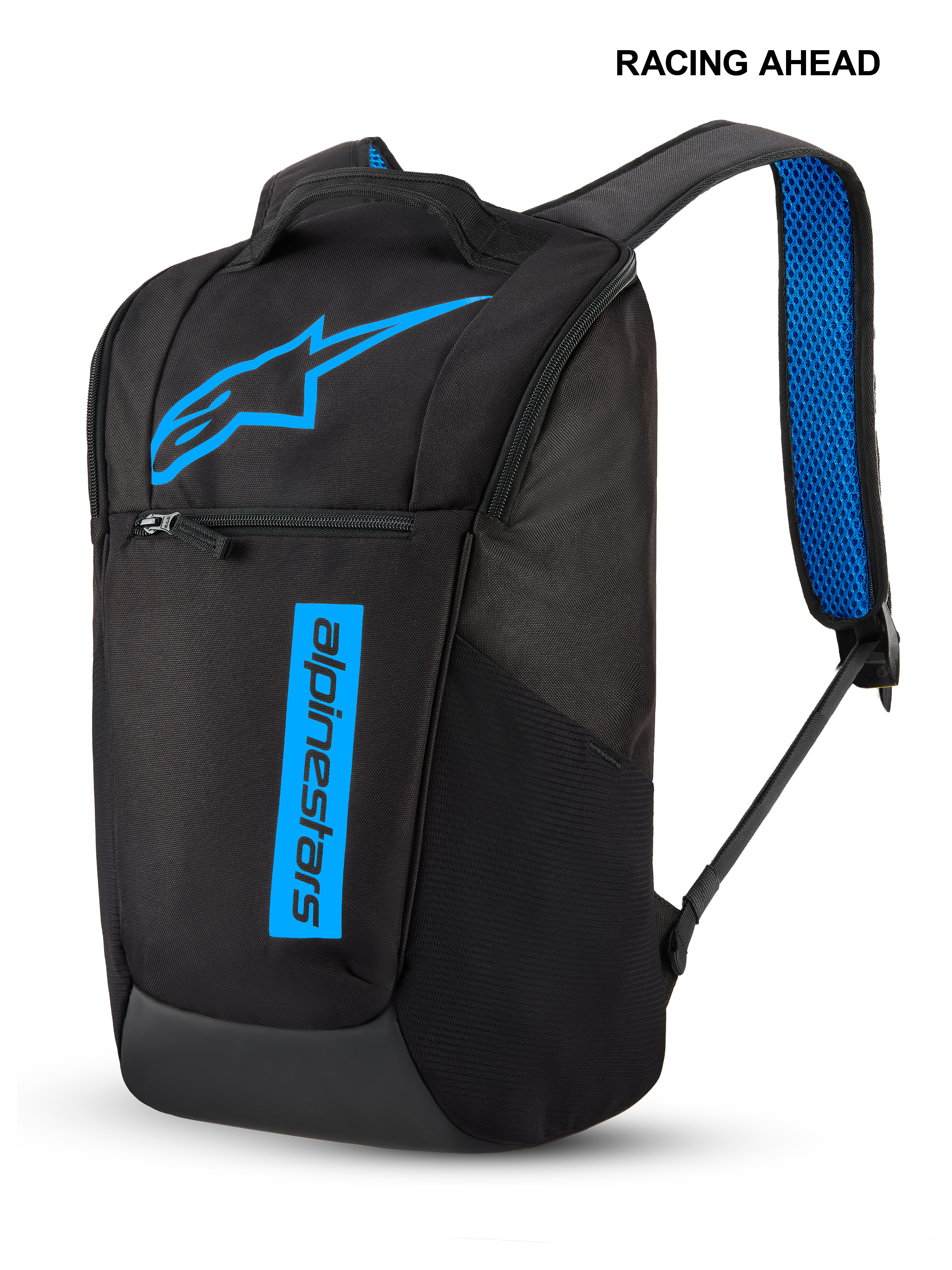 Alpinestars Defcon V3 rugzak, kleine dagelijkse rugzak, zwart en blauw, voorzien van een felblauw ster-logo en verticale tekstbranding, voorvak met ritssluiting en blauwe gewatteerde air-mesh schouderbanden, duurzaam sportief ontwerp