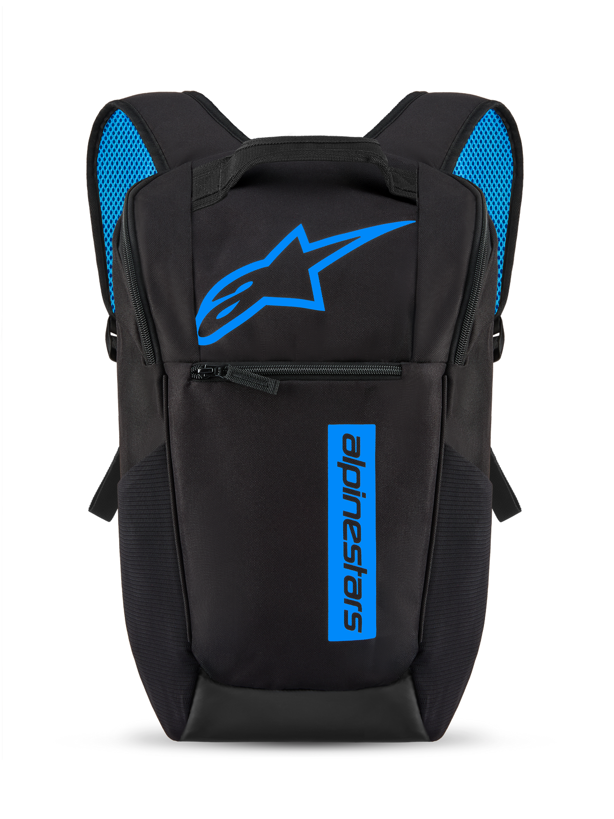Alpinestars Defcon V3-rugzak, zwart en blauw, kleine dagelijkse rugzak met felblauw Astars-logo en verticale branding, voorvak met rits, gewatteerde schouderbanden met blauw air mesh, duurzaam 600D polyester materiaal