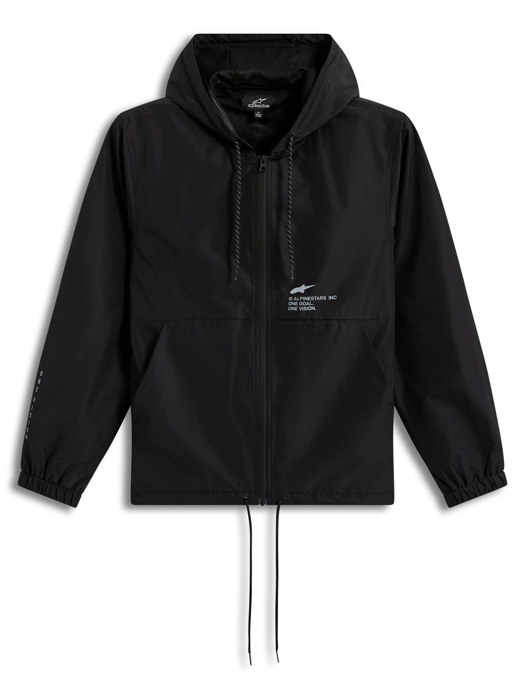 Alpinestars Speeder Resolve windbreakerjas, zwarte lichtgewicht sportjas met capuchon, ritssluiting en borstlogo.