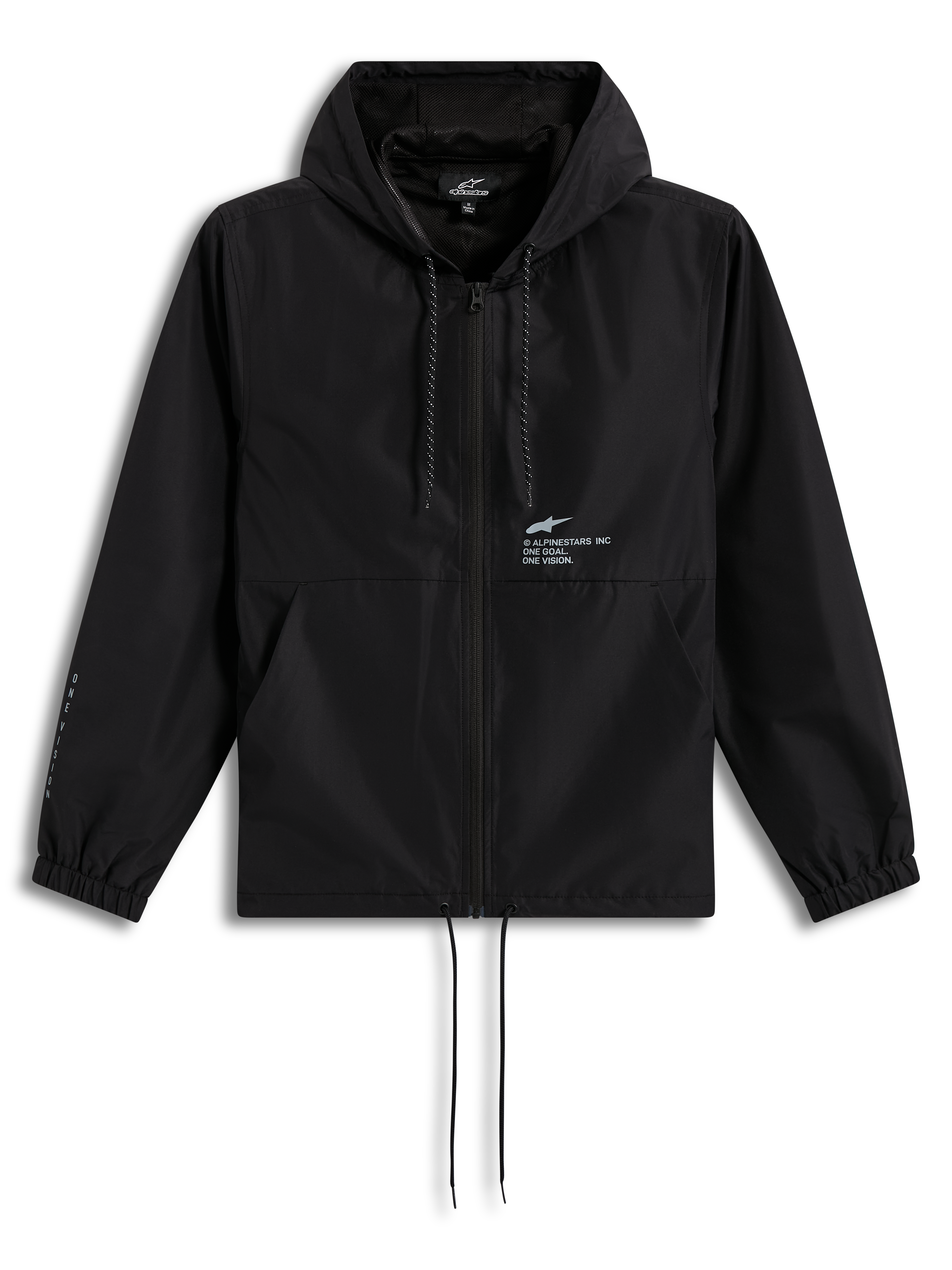 Alpinestars Speeder Resolve windbreakerjas, zwarte lichtgewicht sportjas met capuchon, ritssluiting en borstlogo.