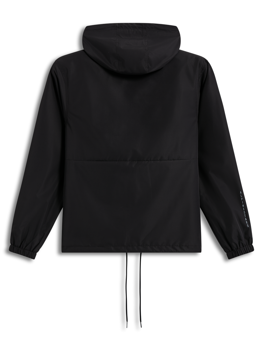 Alpinestars Speeder Resolve windbreakerjas, achteraanzicht, zwarte lichtgewicht shell met capuchon en logo op de mouw.