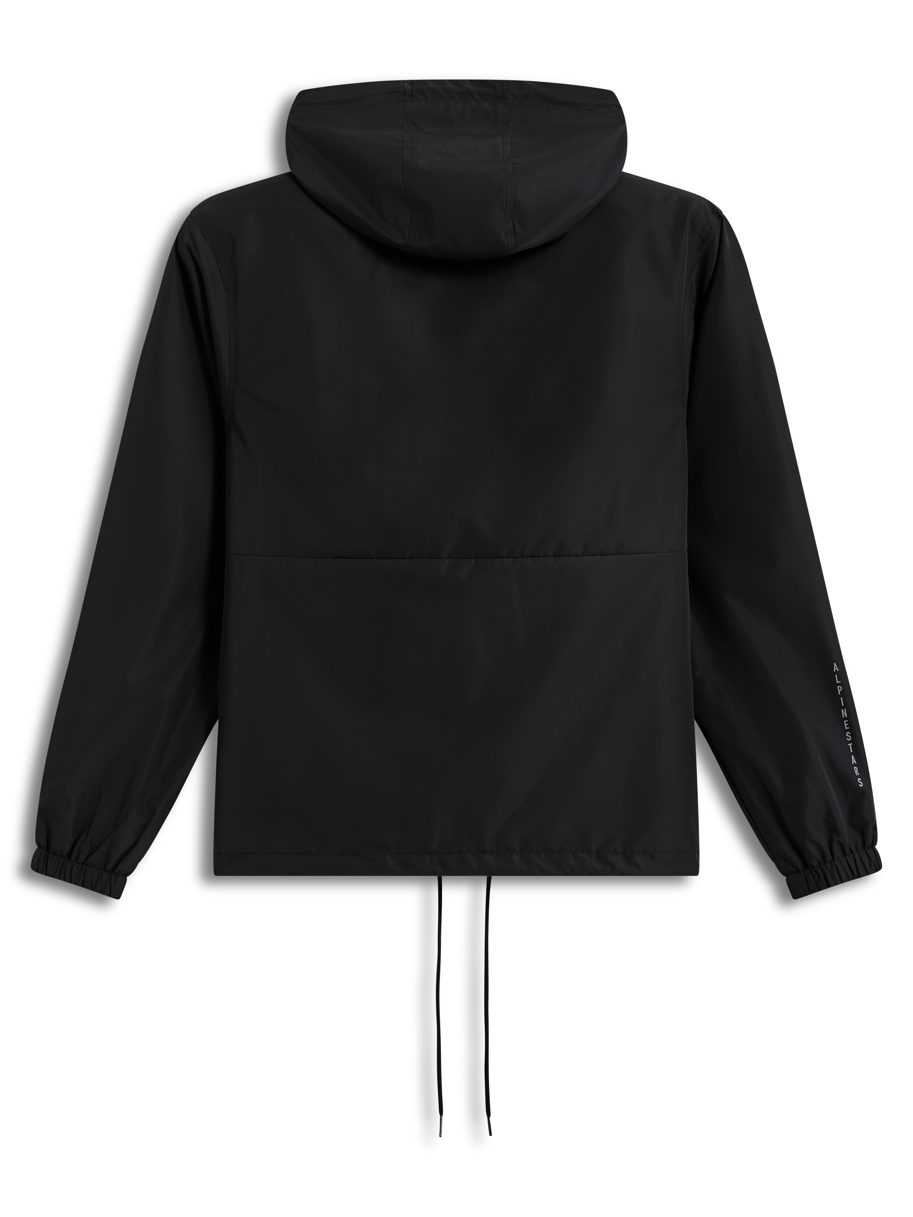 Alpinestars Speeder Resolve windbreakerjas, achteraanzicht, zwarte lichtgewicht shell met capuchon en logo op de mouw.