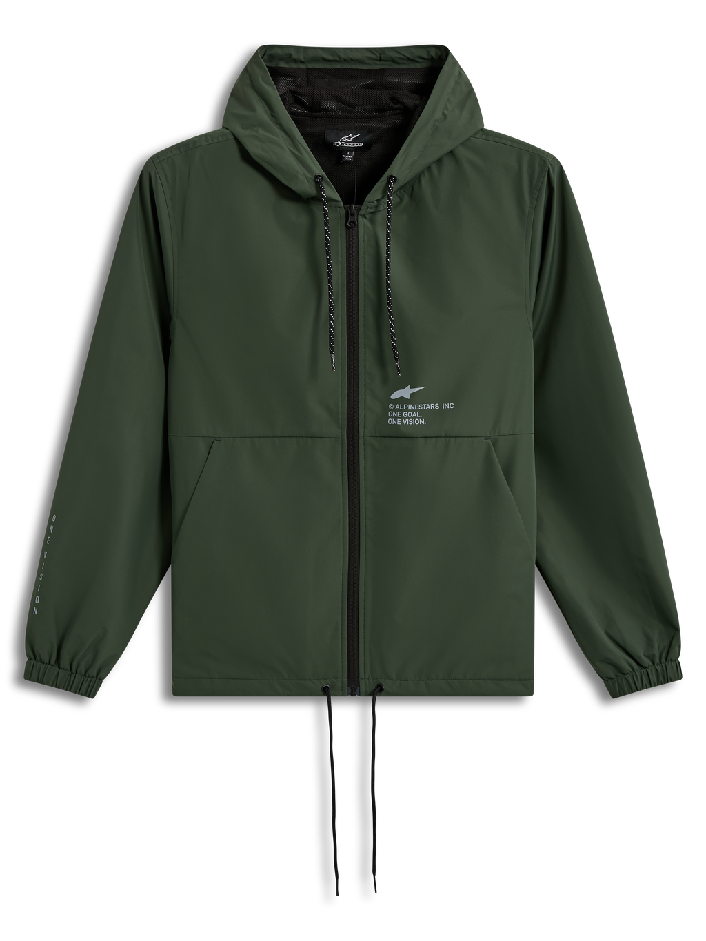 Alpinestars Speeder Resolve windbreaker jas, groene lichtgewicht jas met capuchon, trekkoorden en logo's op de borst en mouw.