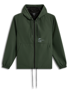 Alpinestars Speeder Resolve windbreaker jas, groene lichtgewicht jas met capuchon, trekkoorden en logo's op de borst en mouw.
