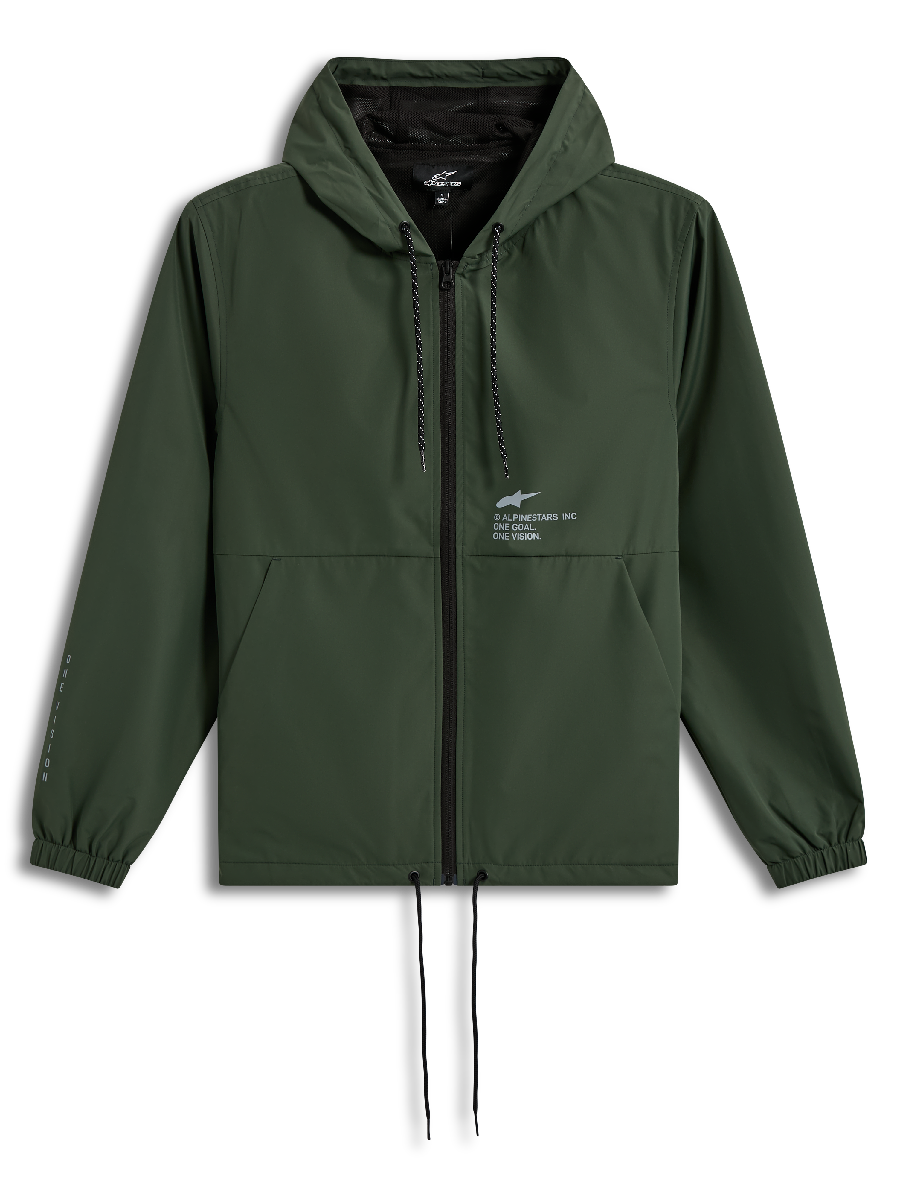 Alpinestars Speeder Resolve windbreaker jas, groene lichtgewicht jas met capuchon, trekkoorden en logo's op de borst en mouw.