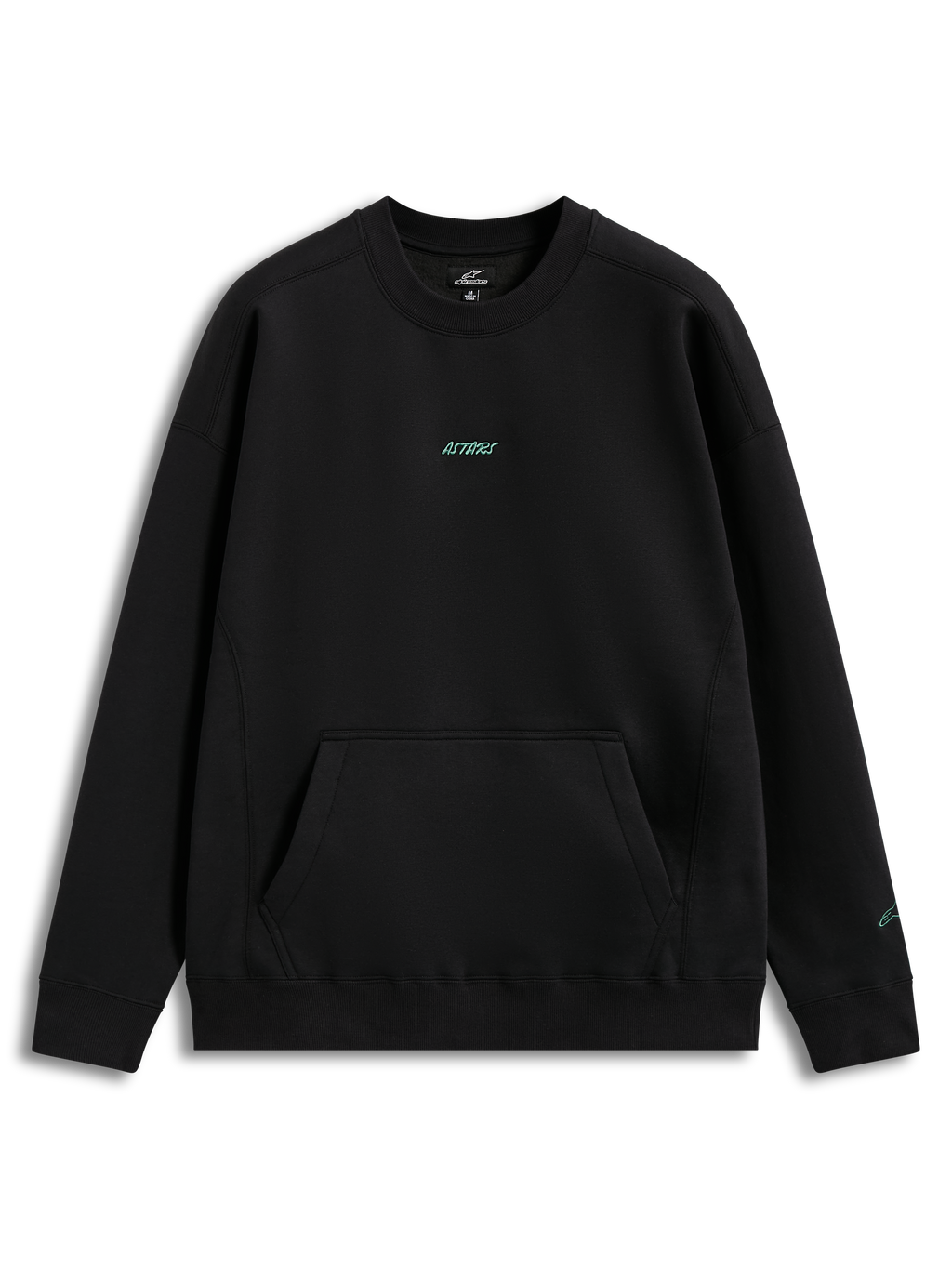 Alpinestars Guise Oversized Crew, oversized zwart fleece sweatshirt met teal geborduurd logo en kangoeroezak.