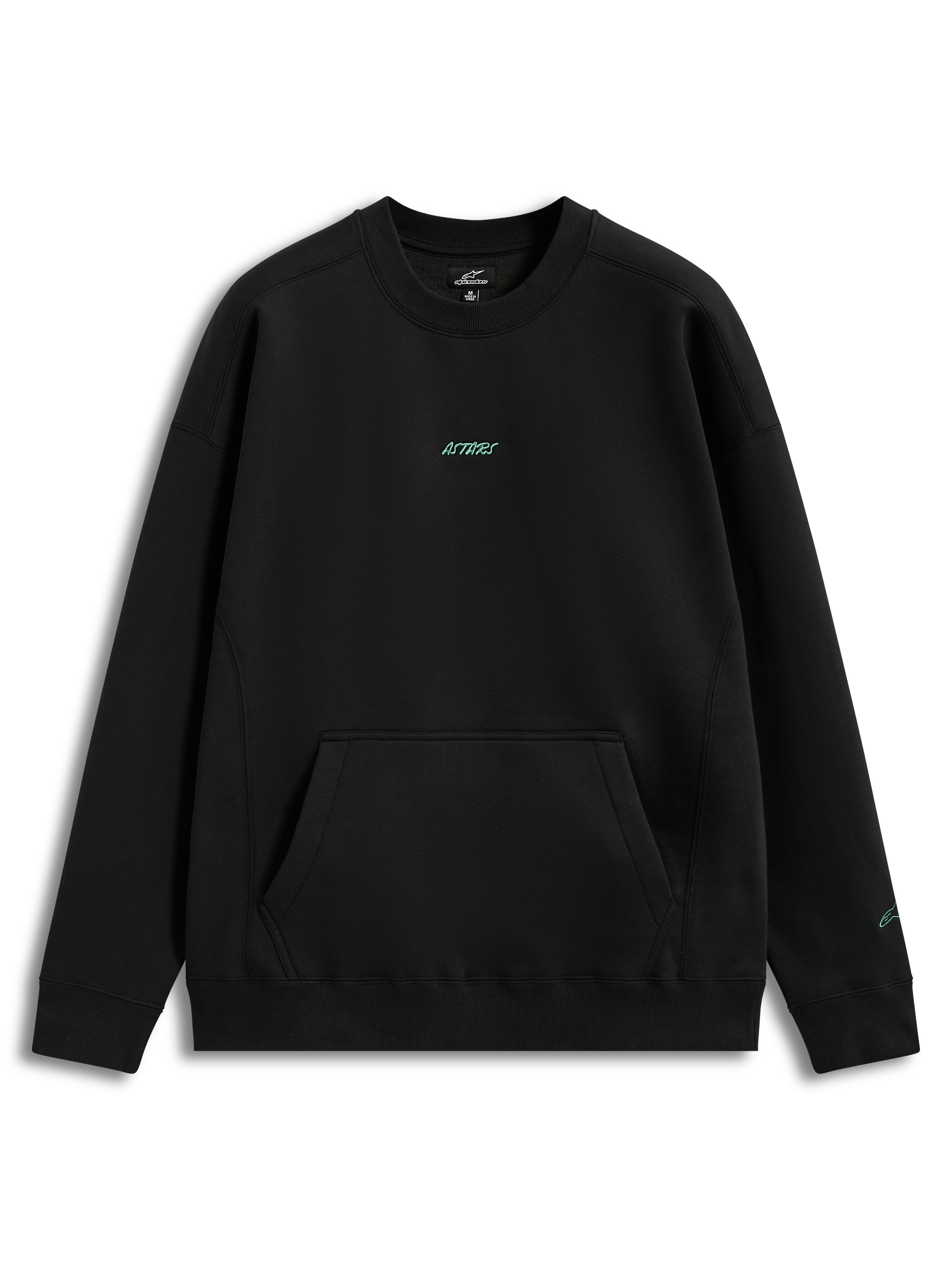Alpinestars Guise Oversized Crew, oversized zwart fleece sweatshirt met teal geborduurd logo en kangoeroezak.