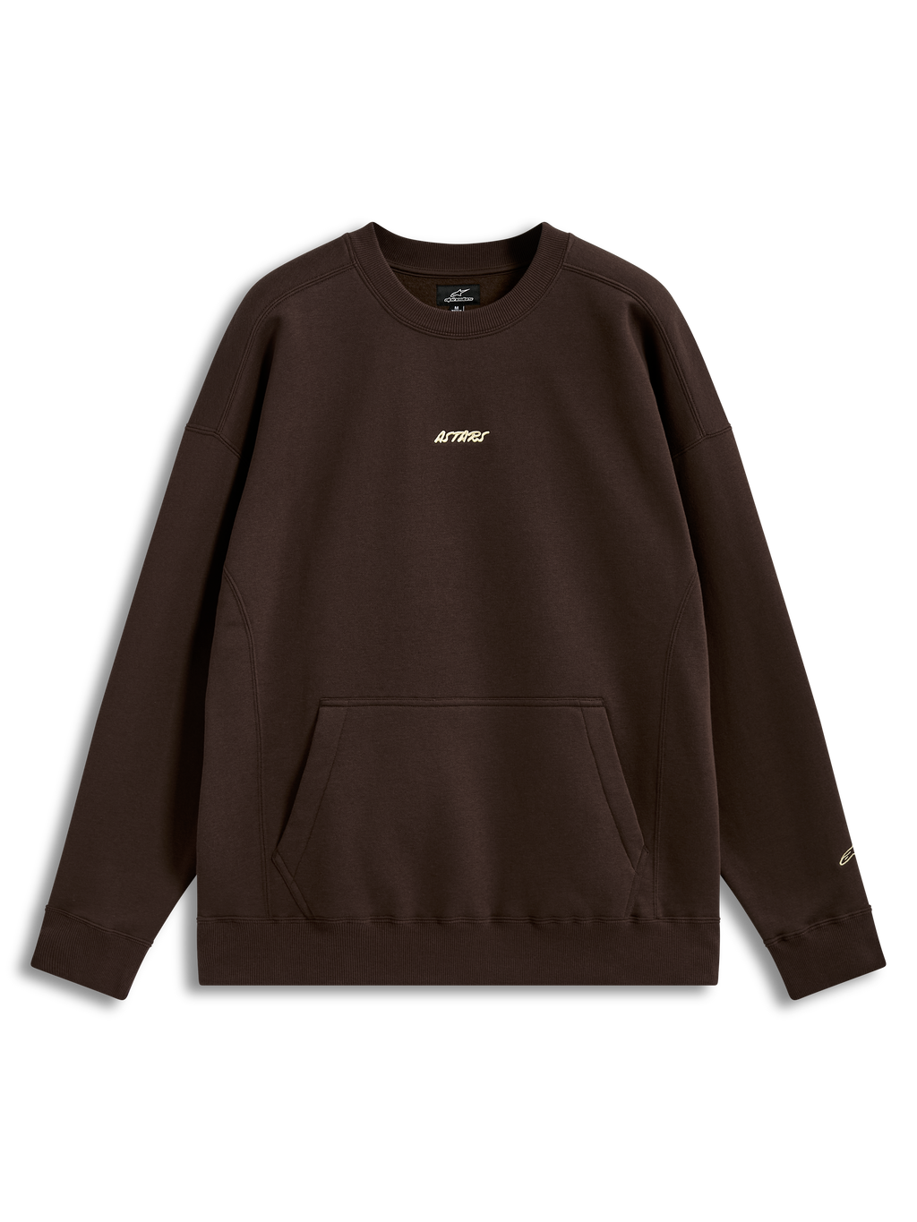 Alpinestars Guise Oversized Crew, bruine fleece pullover met kangoeroezak en geborduurd Astars-logo, oversized sportswear.