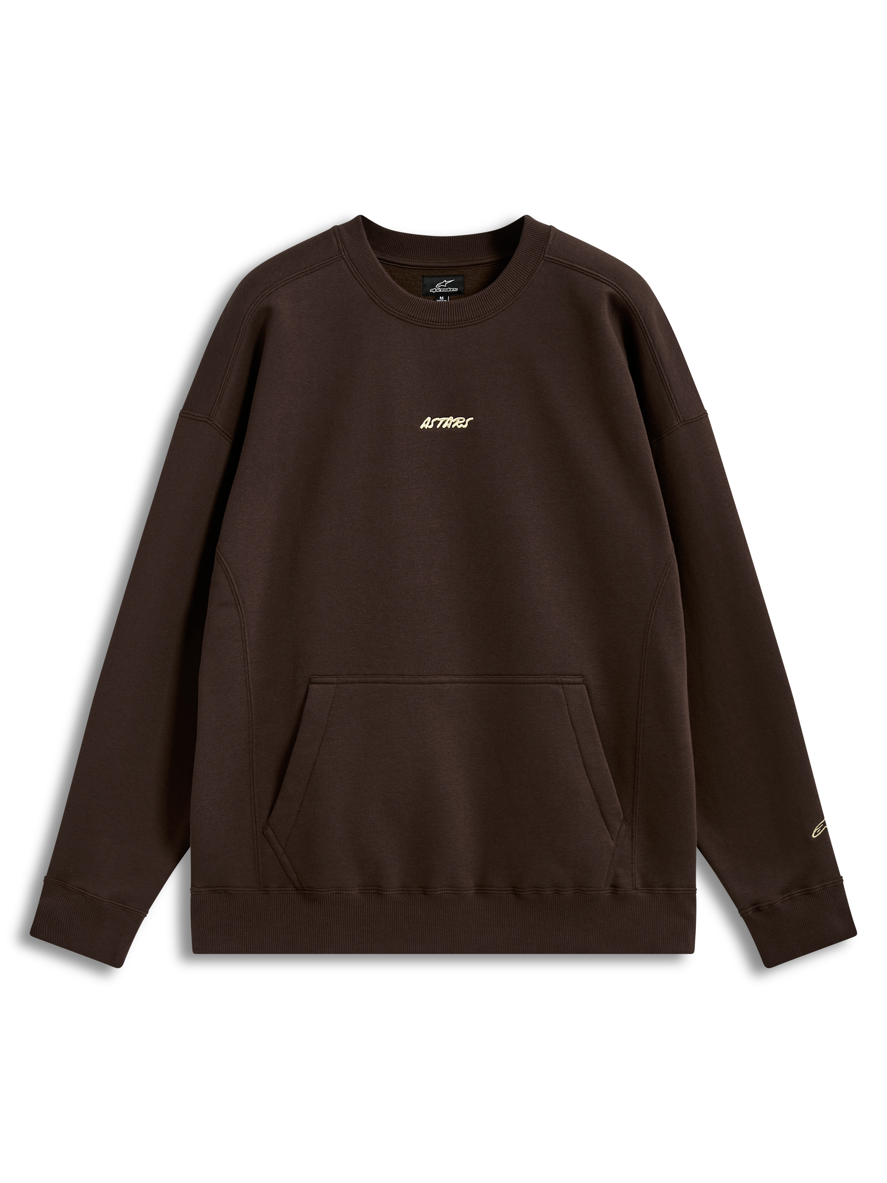Alpinestars Guise Oversized Crew, bruine fleece pullover met kangoeroezak en geborduurd Astars-logo, oversized sportswear.