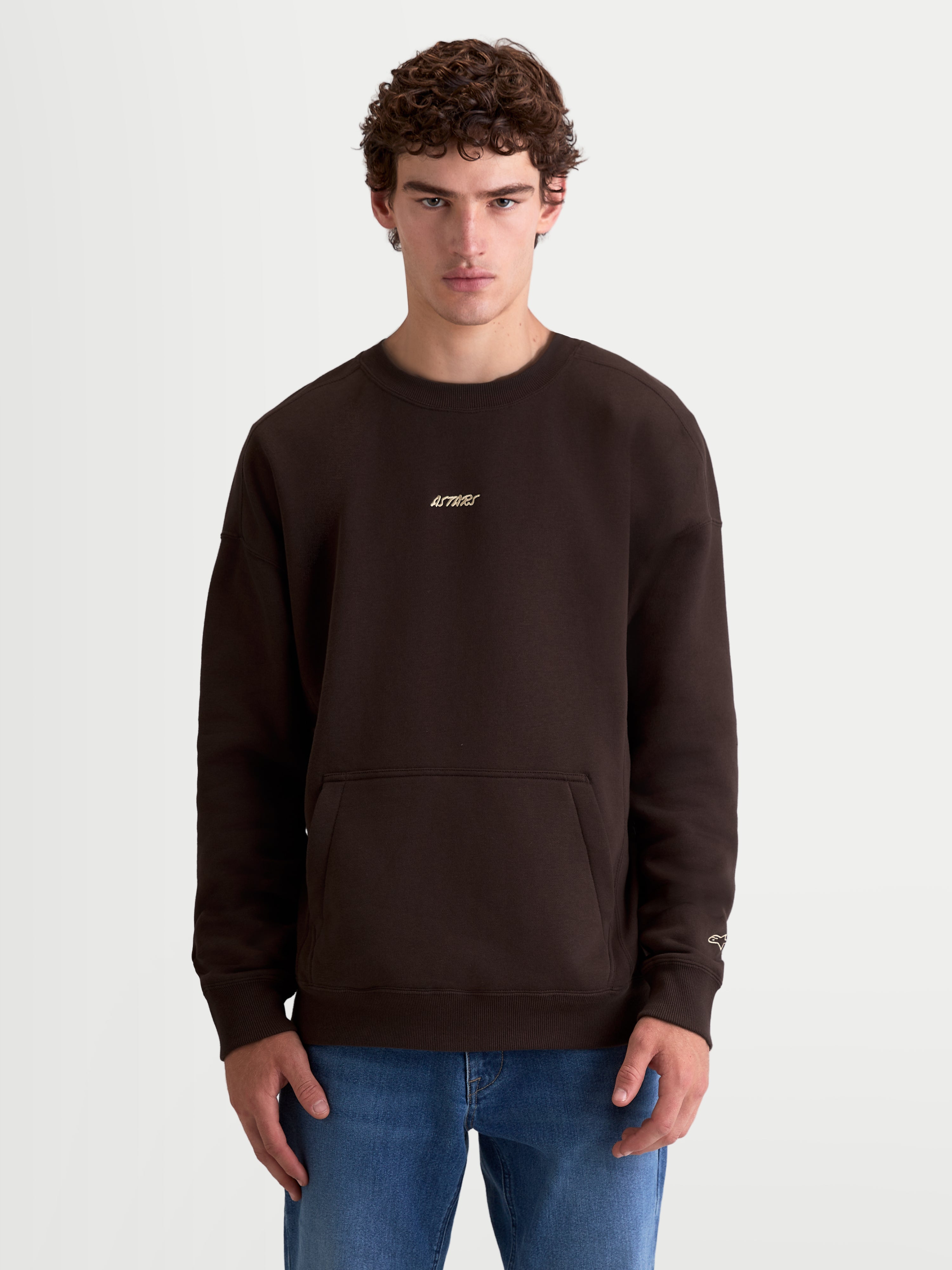 Alpinestars Guise Oversized Crew, bruine sportswear fleece pullover, unisex relaxte pasvorm getoond op model, katoen en gerecycled polyester, met kangoeroezak en geborduurd Alpinestars-logo op borst en mouw voor een premium motorsport-geïnspireerde look.