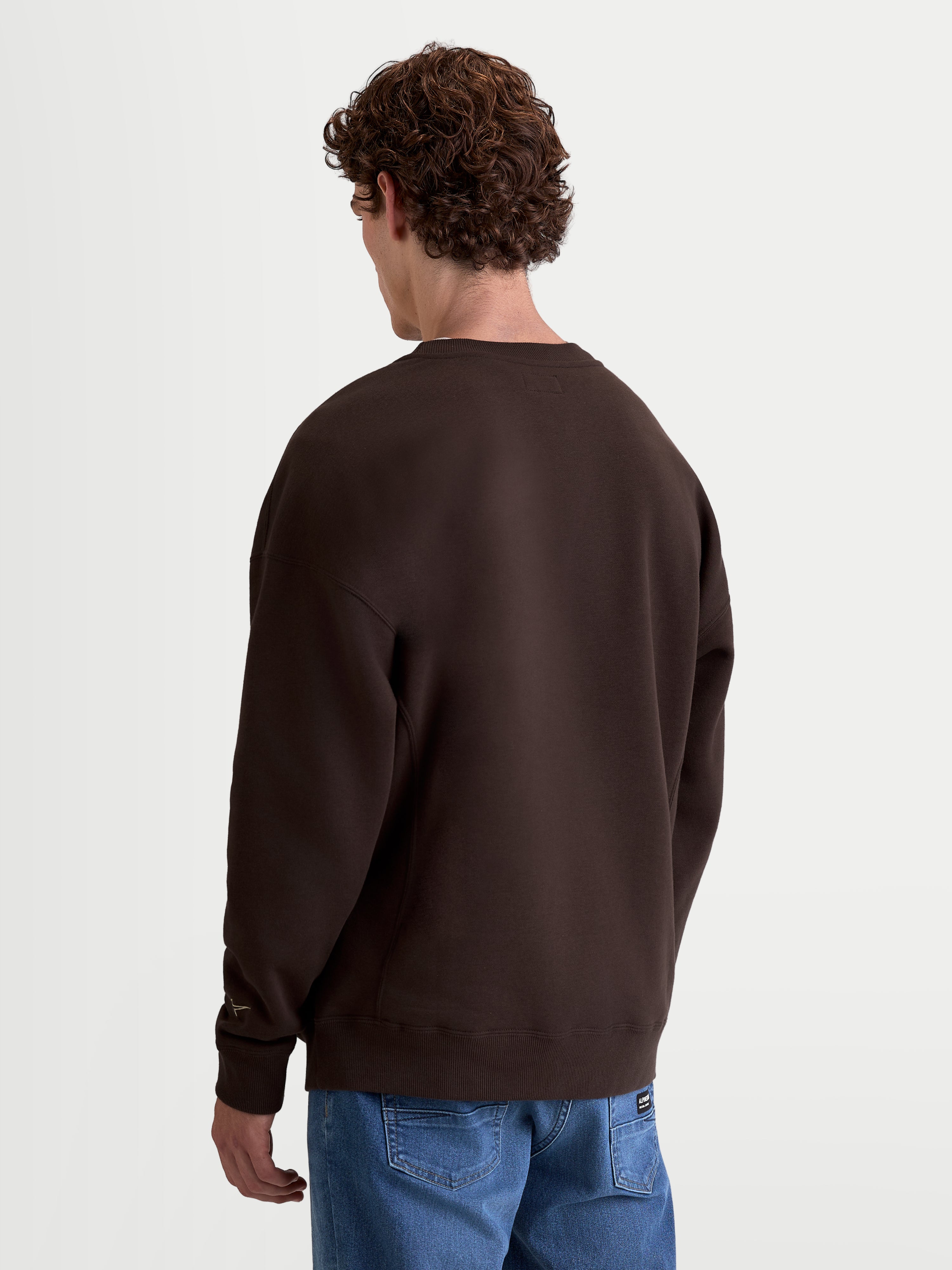 Alpinestars Guise Oversized Crew, bruine sportswear fleece pullover, unisex lifestyle crewneck, achteraanzicht op model, oversized pasvorm, mix van premium katoen en gerecycled polyester.