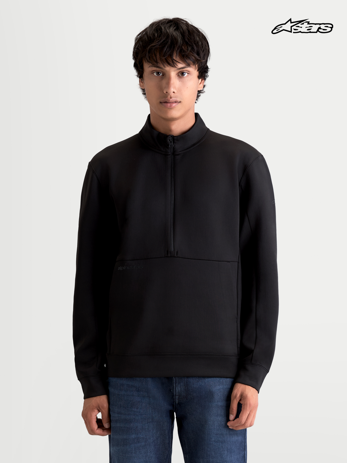 Alpinestars Apera Half-Zip Sweatshirt, casual sportswear pullover in black, front view worn by a model featuring half-zip closure and kangaroo pocket
