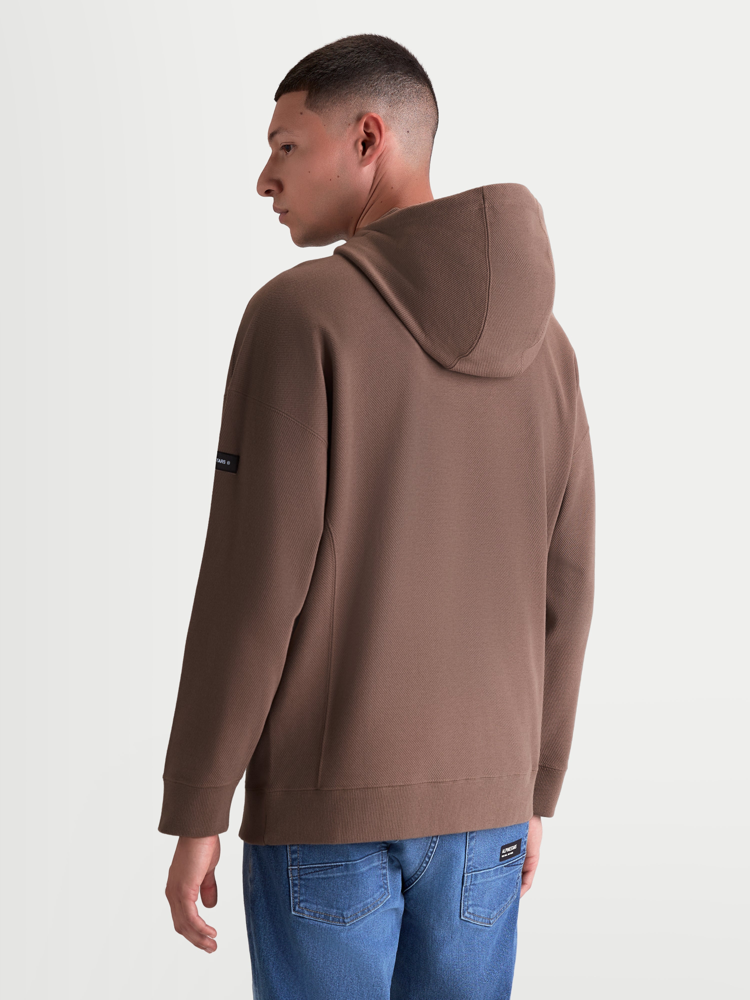 Alpinestars Camino Textured Oversized hoodie, casual sportswear, heren en dames, bruin, gestructureerde knit twill fleece, achteraanzicht met relaxte pasvorm en branding op de mouw