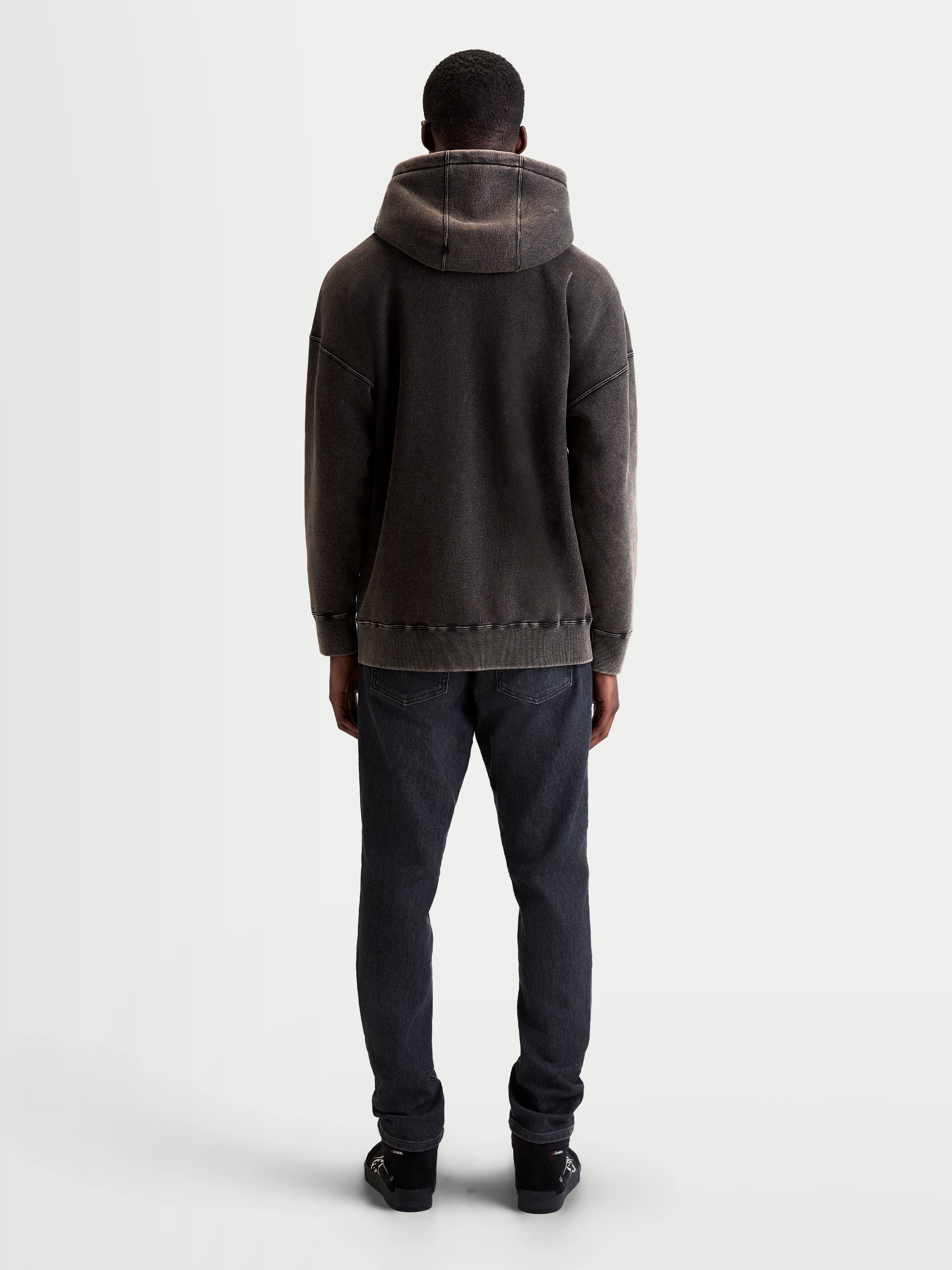 Alpinestars Infinite Washed Oversized Hoodie, Casual Sportswear Pullover, Unisex, Washed Black, soft fleece with snow-wash finish, Rear view showing relaxed fit, hood detail, and ribbed hem.
