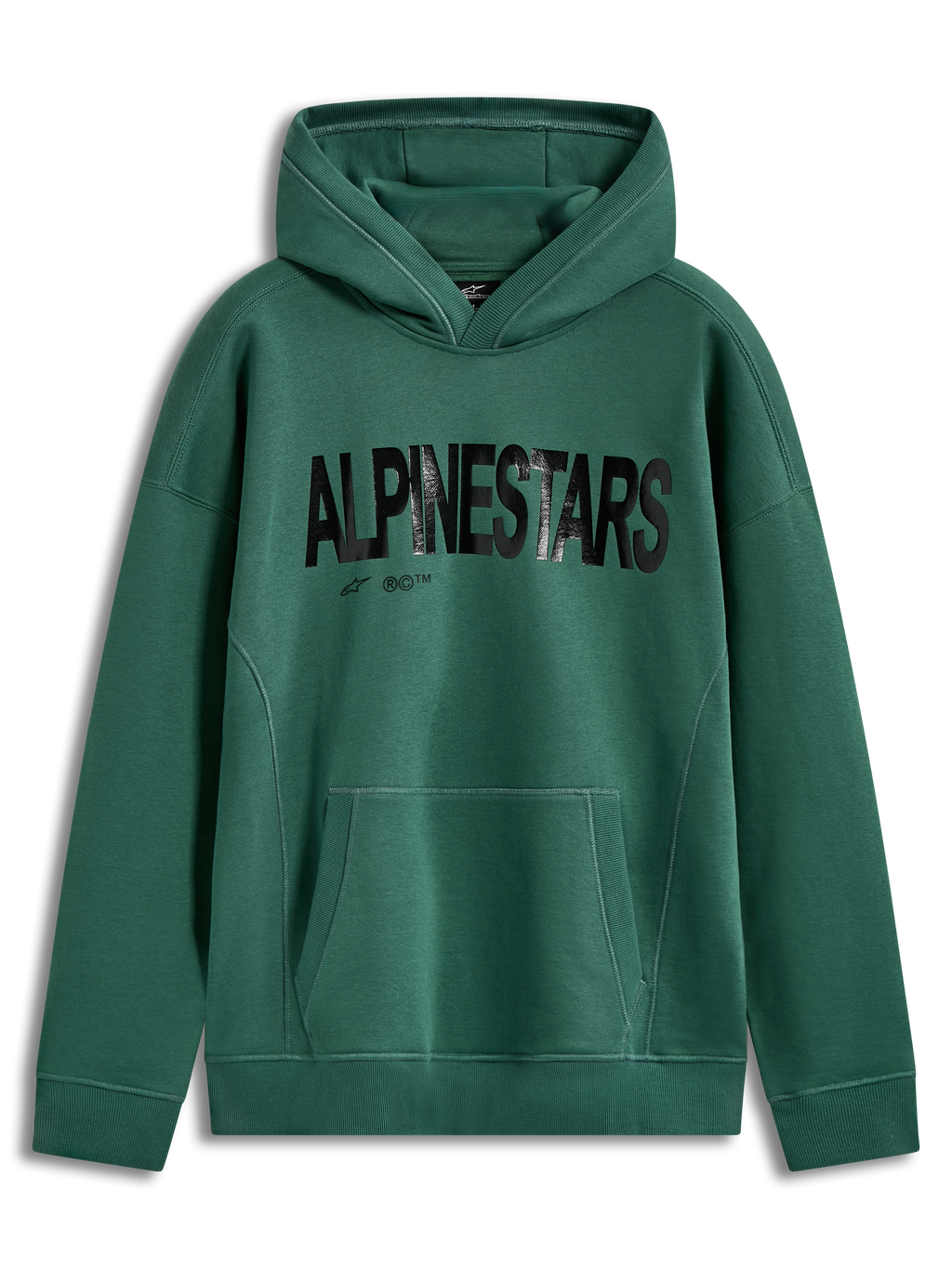 Alpinestars Shaw oversized hoodie, groene fleecepullover met zwart getextureerd logo en kangoeroezak.