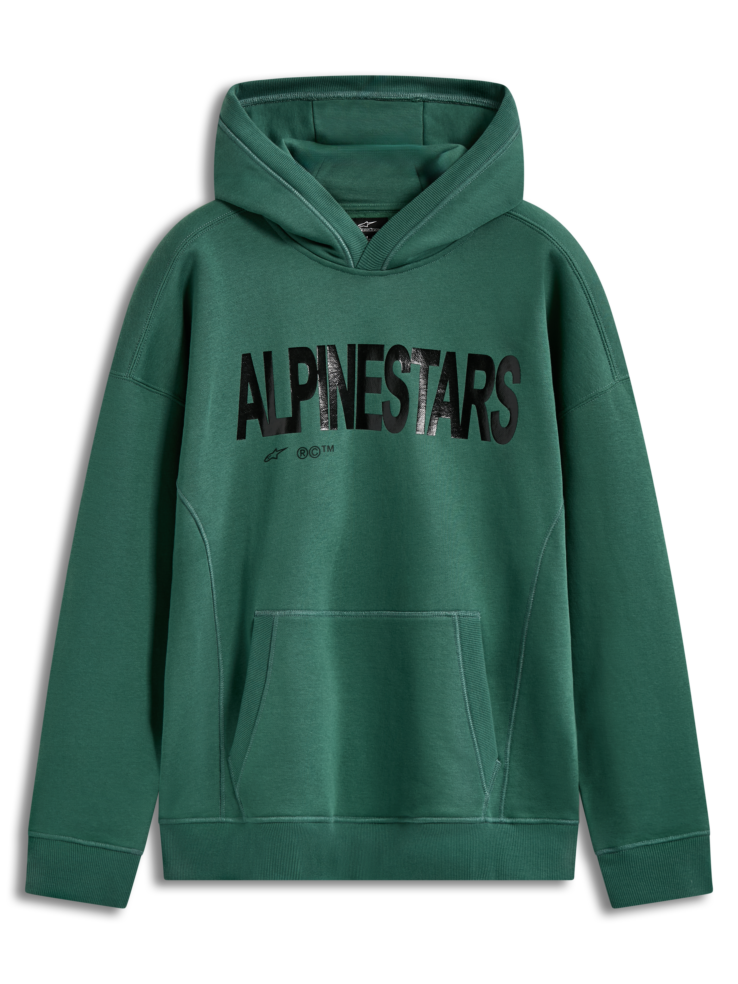 Alpinestars Shaw oversized hoodie, groene fleecepullover met zwart getextureerd logo en kangoeroezak.