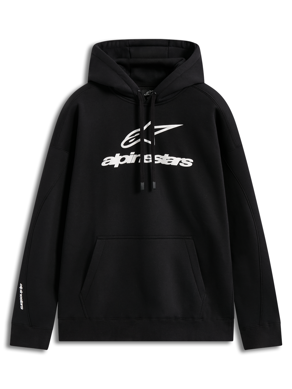 Alpinestars Prelude Oversized Hoodie, zwarte fleece pullover met wit puff-print logo en kangoeroezak.