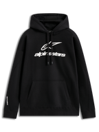 Alpinestars Prelude Oversized Hoodie, zwarte fleece pullover met wit puff-print logo en kangoeroezak.