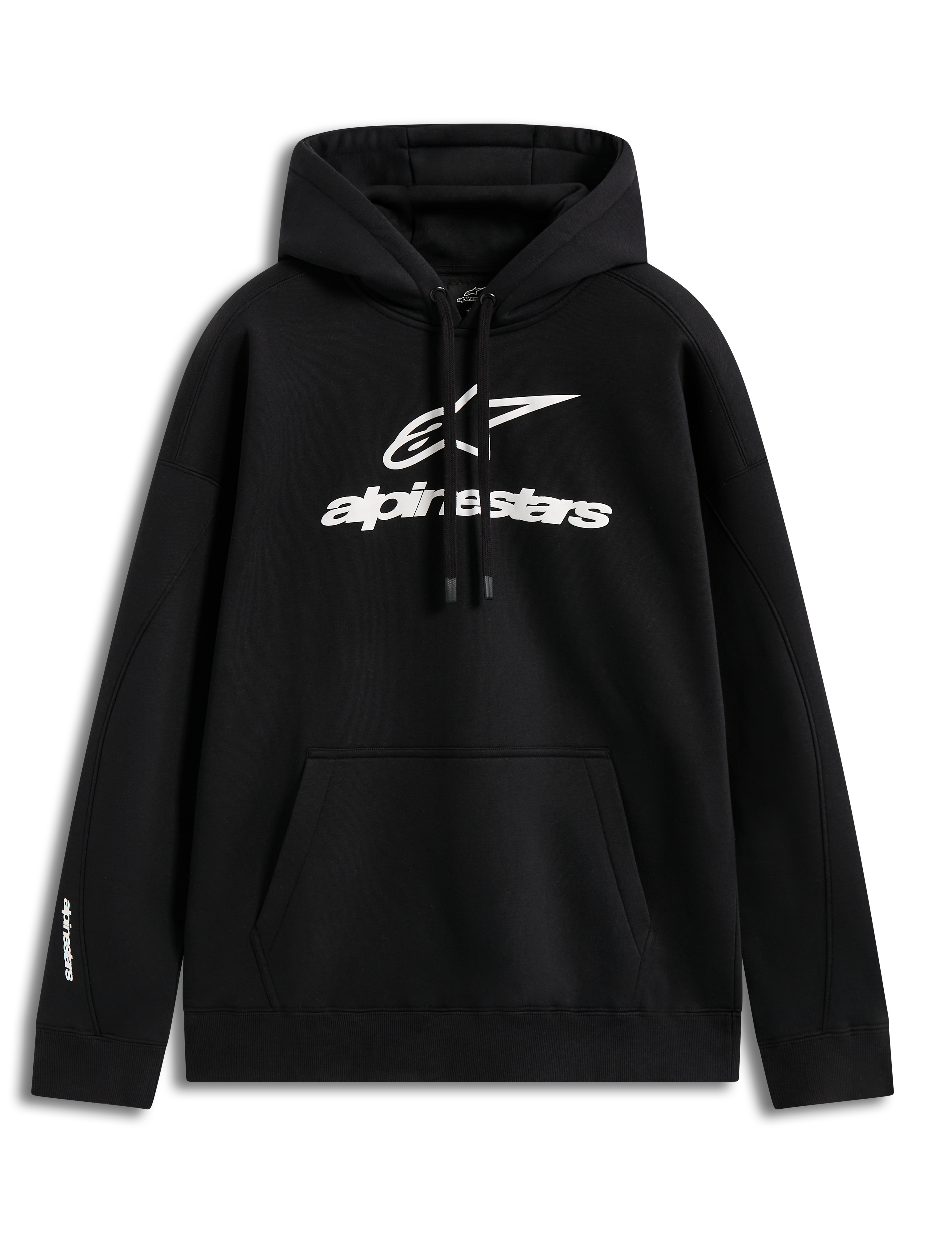 Alpinestars Prelude Oversized Hoodie, zwarte fleece pullover met wit puff-print logo en kangoeroezak.