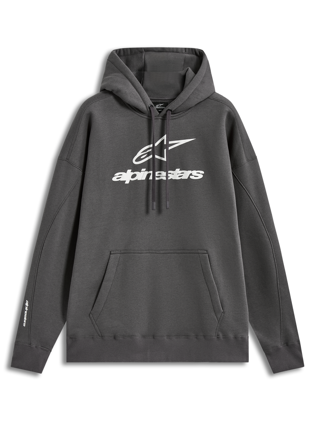 Alpinestars Prelude oversized hoodie, donkergrijze sportswear fleece pullover met wit puff-print logo en kangoeroezak.
