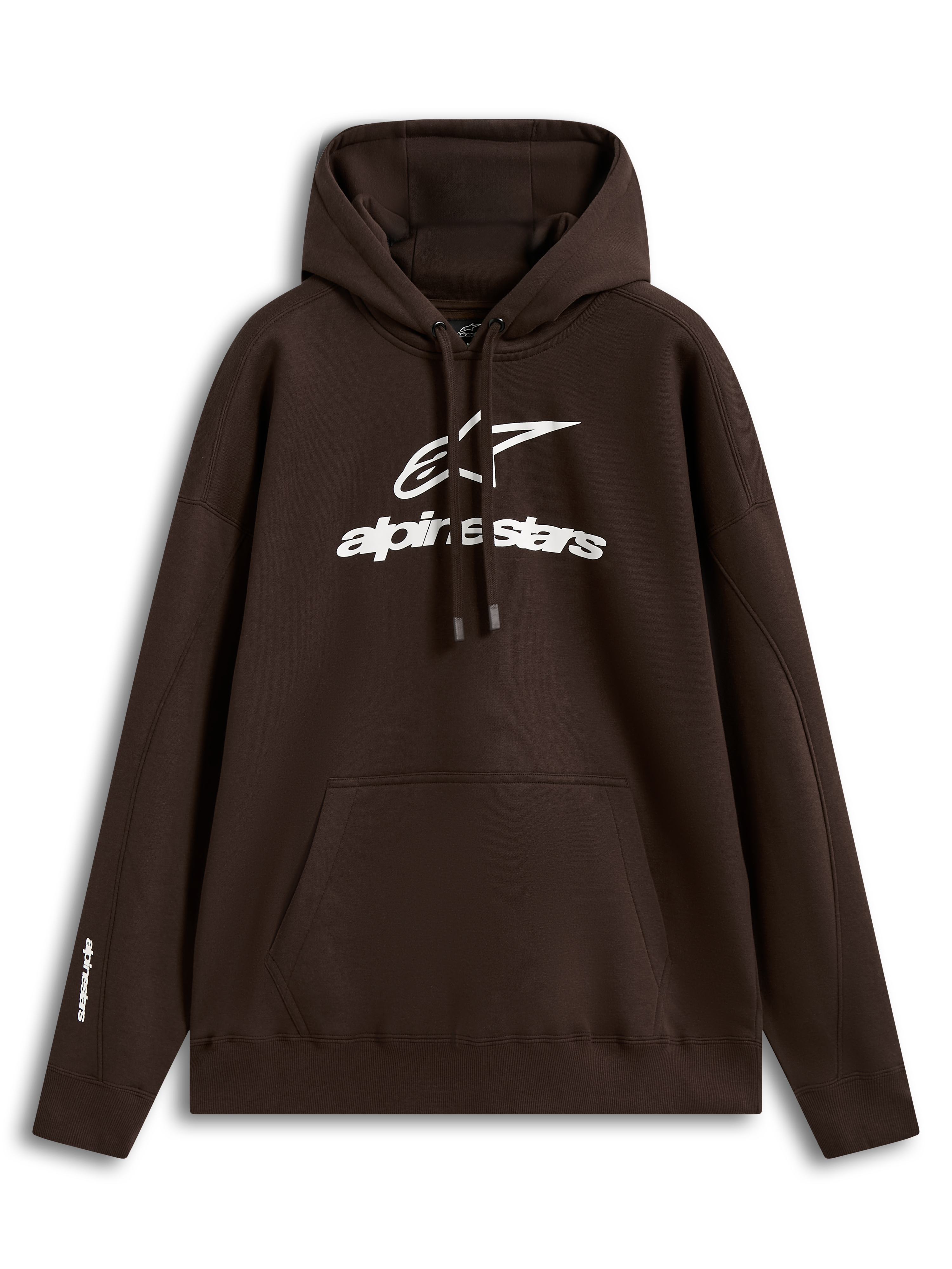 Alpinestars Prelude oversized hoodie, bruine fleece sportswear met wit puff-print borstlogo en kangoeroezak.