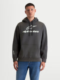 Alpinestars Prelude oversized hoodie, heren-sportswear fleece pullover, donkergrijs en wit, katoen en gerecycled polyester, voorzien van een relaxte oversized pasvorm, kangoeroezak en opvallende puff-print logo's op de borst en mouw.