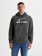 Alpinestars Prelude oversized hoodie, heren-sportswear fleece pullover, donkergrijs en wit, katoen en gerecycled polyester, voorzien van een relaxte oversized pasvorm, kangoeroezak en opvallende puff-print logo's op de borst en mouw.