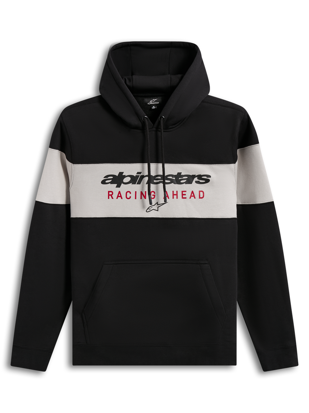 Alpinestars Cubic Hoodie, zwart en grijs kleurgeblokte fleece pullover met Racing Ahead-logo en kangoeroezak.