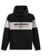 Alpinestars Cubic Hoodie, zwart en grijs kleurgeblokte fleece pullover met Racing Ahead-logo en kangoeroezak.