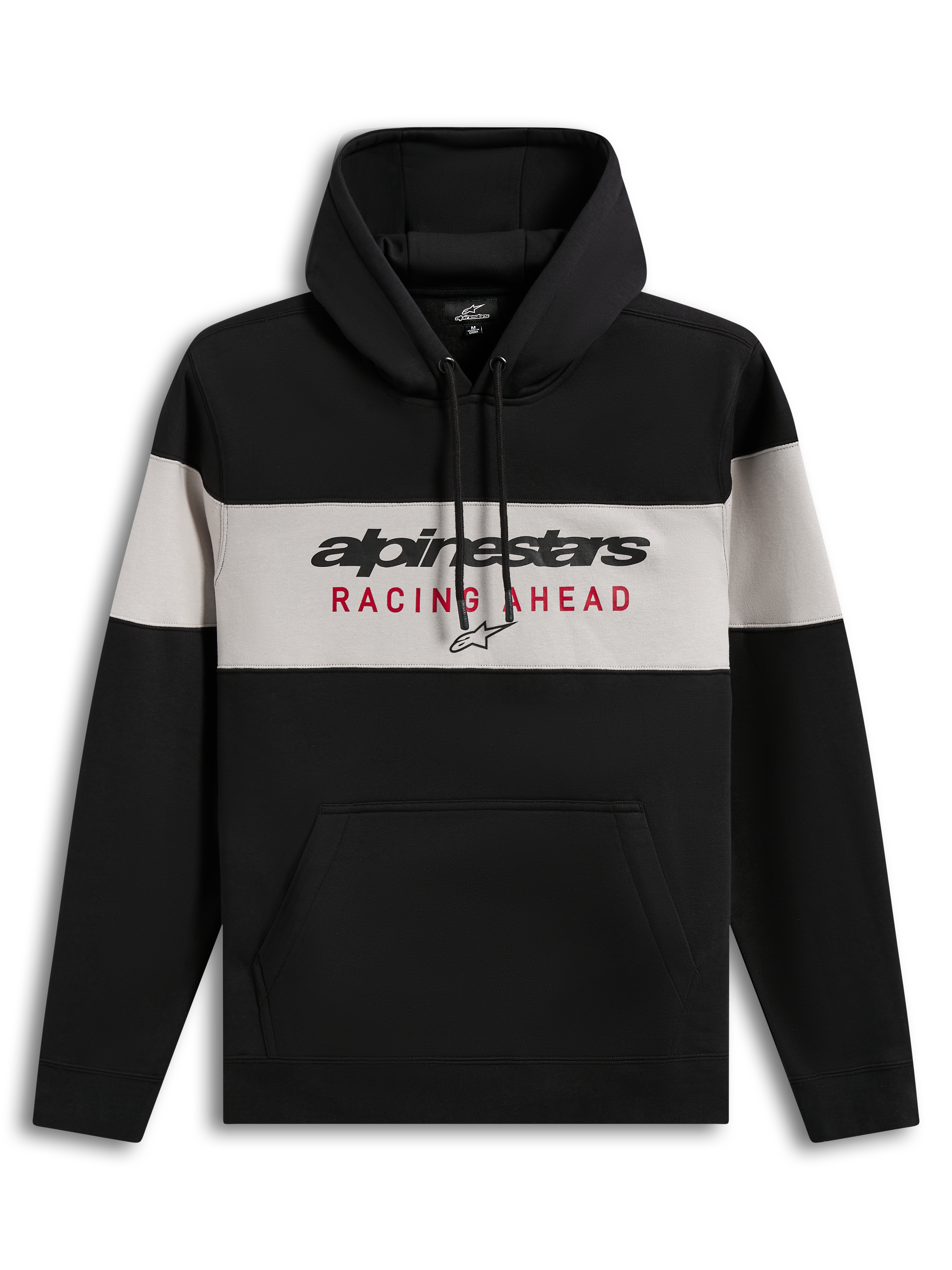 Alpinestars Cubic Hoodie, zwart en grijs kleurgeblokte fleece pullover met Racing Ahead-logo en kangoeroezak.
