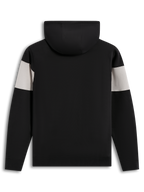 Alpinestars Cubic Hoodie, kleurgeblokte fleece sportswear in zwart en grijs, getoond vanaf de achterkant.