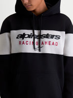 Alpinestars Cubic hoodie, sportswear pullover fleece, zwart en cementgrijs, kleurgeblokt ontwerp met Alpinestars woordlogo en Racing Ahead graphic op de borst, katoen en gerecycled polyester mix.