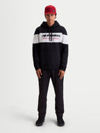 Alpinestars Cubic Hoodie, sportswear pullover fleece voor heren, zwart en wit, met een kleurgeblokte borst en opvallend Alpinestars Racing Ahead-logo, comfortabele katoenmix voor een casual stijl naast de motor.