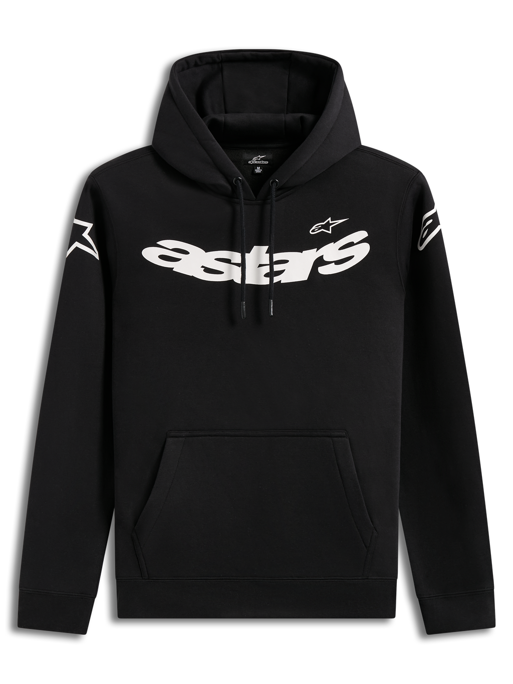 Alpinestars Velocifier Hoodie, zwarte casual lifestyle hoodie met opvallende witte borstgraphics en een buidelzak.