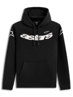 Alpinestars Velocifier Hoodie, zwarte casual lifestyle hoodie met opvallende witte borstgraphics en een buidelzak.