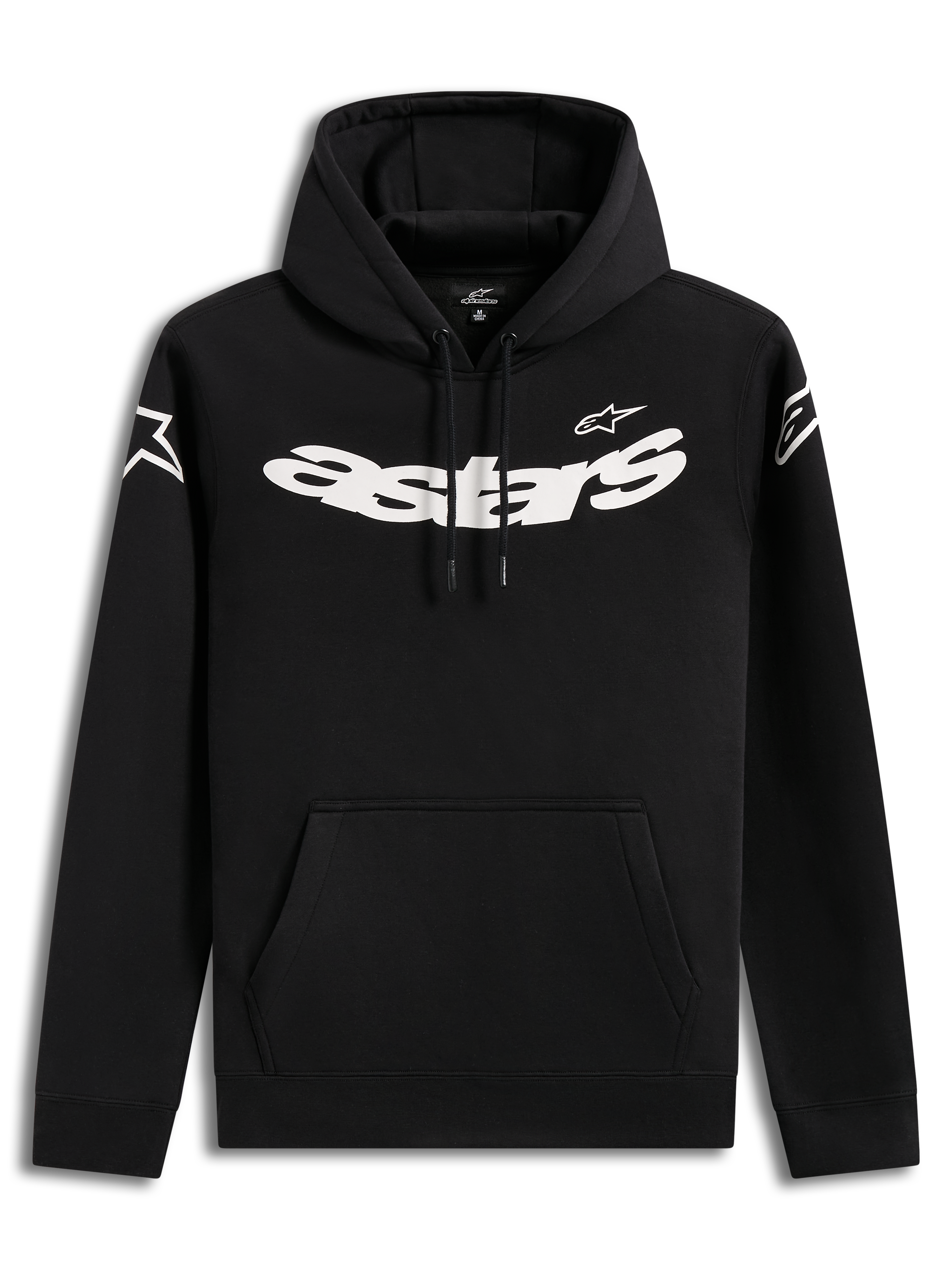 Alpinestars Velocifier Hoodie, zwarte casual lifestyle hoodie met opvallende witte borstgraphics en een buidelzak.