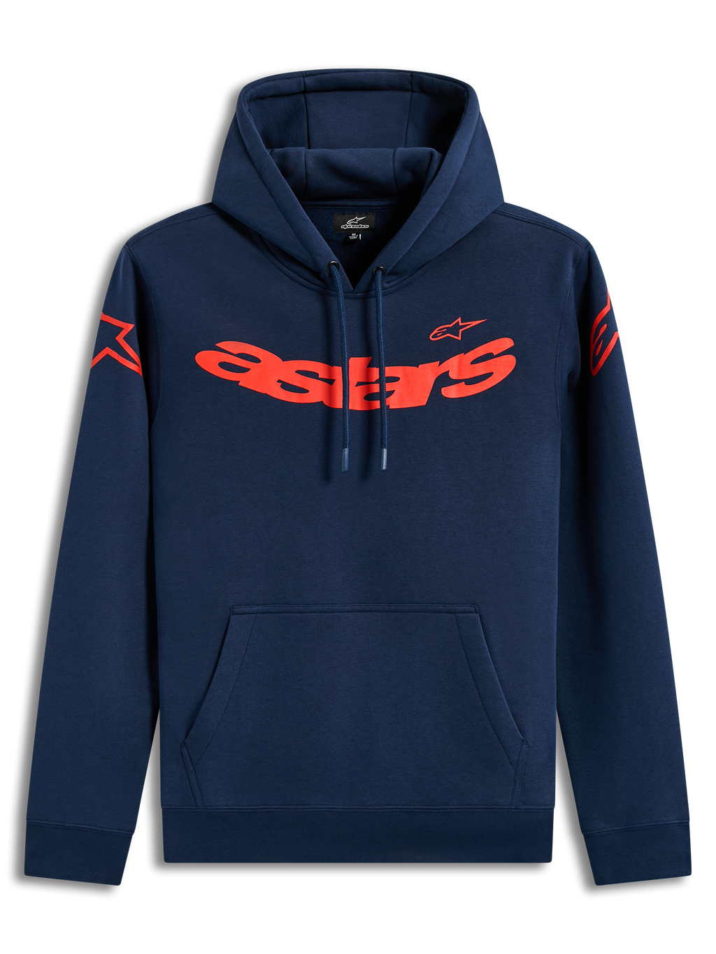 Alpinestars Velocifier hoodie, donkerblauwe sportswear pullover fleece met rood Astars-woordmerk en schouderlogo's.