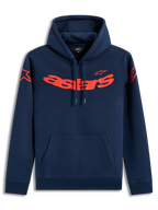 Alpinestars Velocifier hoodie, donkerblauwe sportswear pullover fleece met rood Astars-woordmerk en schouderlogo's.