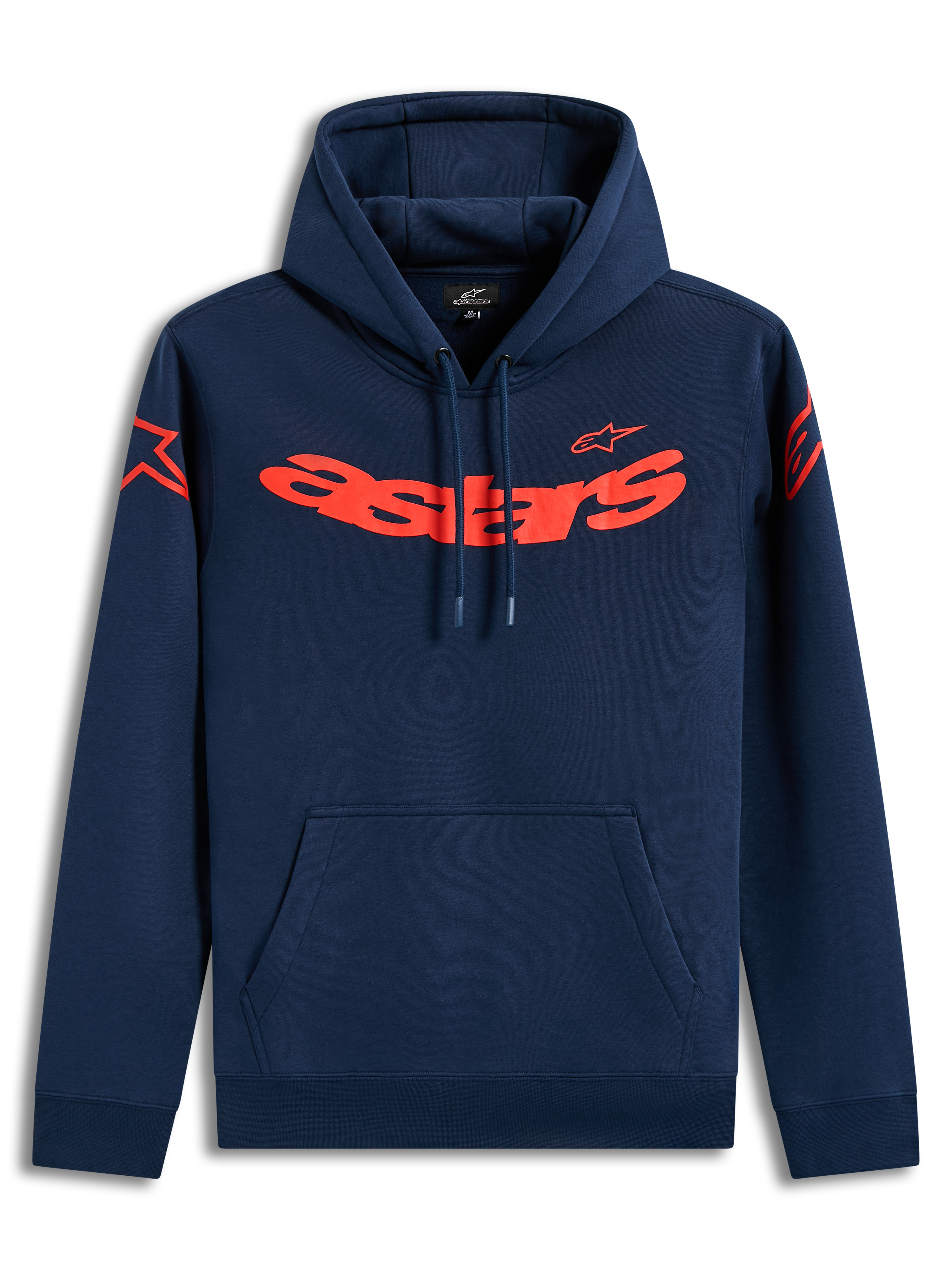 Alpinestars Velocifier hoodie, donkerblauwe sportswear pullover fleece met rood Astars-woordmerk en schouderlogo's.