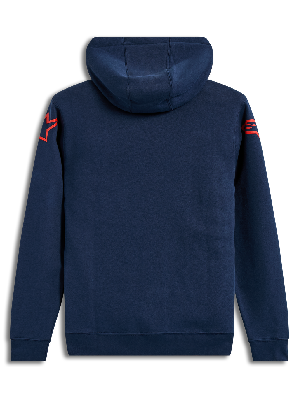 Alpinestars Velocifier hoodie, blauwe pullover fleece met rode Astars-logo's op de schouders, achteraanzicht.