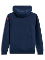 Alpinestars Velocifier hoodie, blauwe pullover fleece met rode Astars-logo's op de schouders, achteraanzicht.