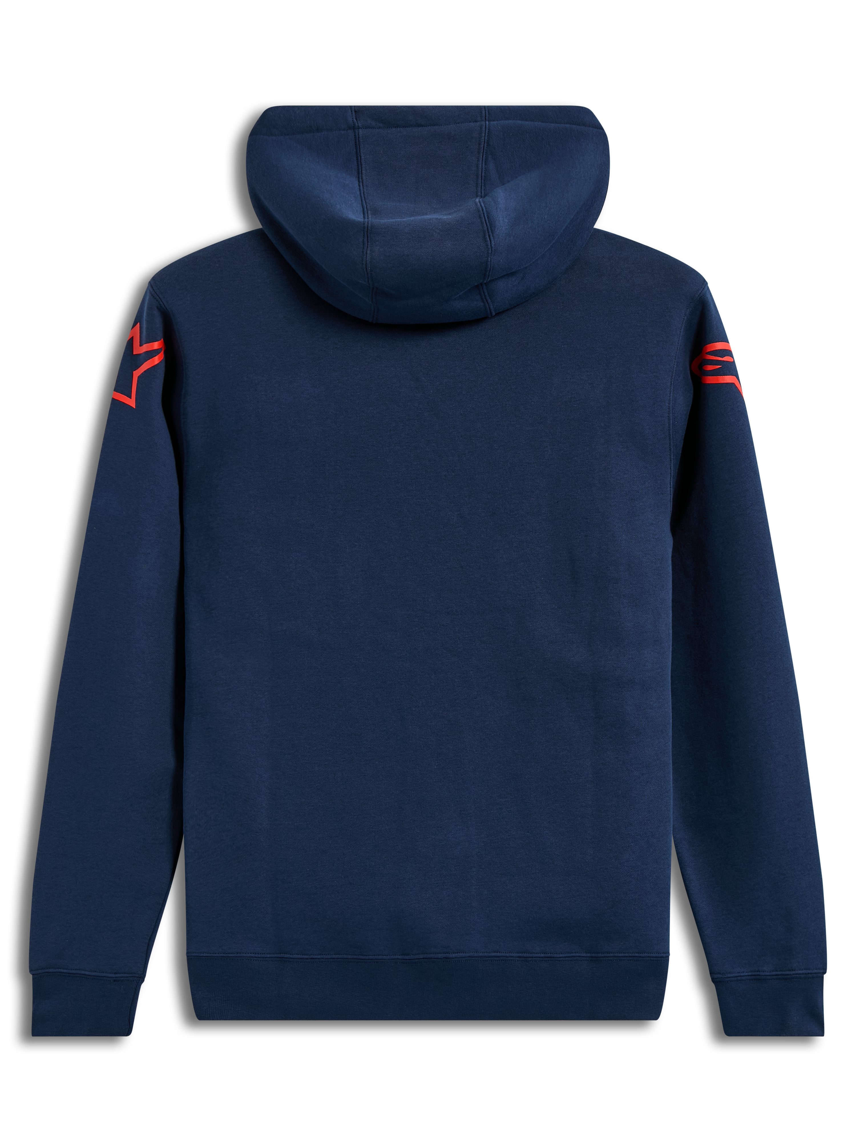 Alpinestars Velocifier hoodie, blauwe pullover fleece met rode Astars-logo's op de schouders, achteraanzicht.