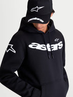 Alpinestars Velocifier hoodie, premium sportswear pullover fleece, zwart en wit, met opvallend Astars-woordmerk op de borst en logo's op de schouders, katoenmix constructie voor dagelijks casual off-bike comfort.